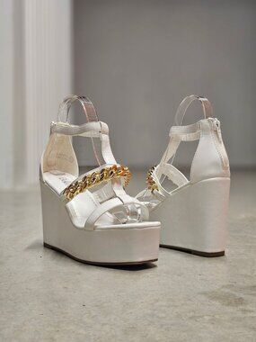 White Platform Wedge Sandals With Gold Chain Accent & Clear Straps By Bella Mari